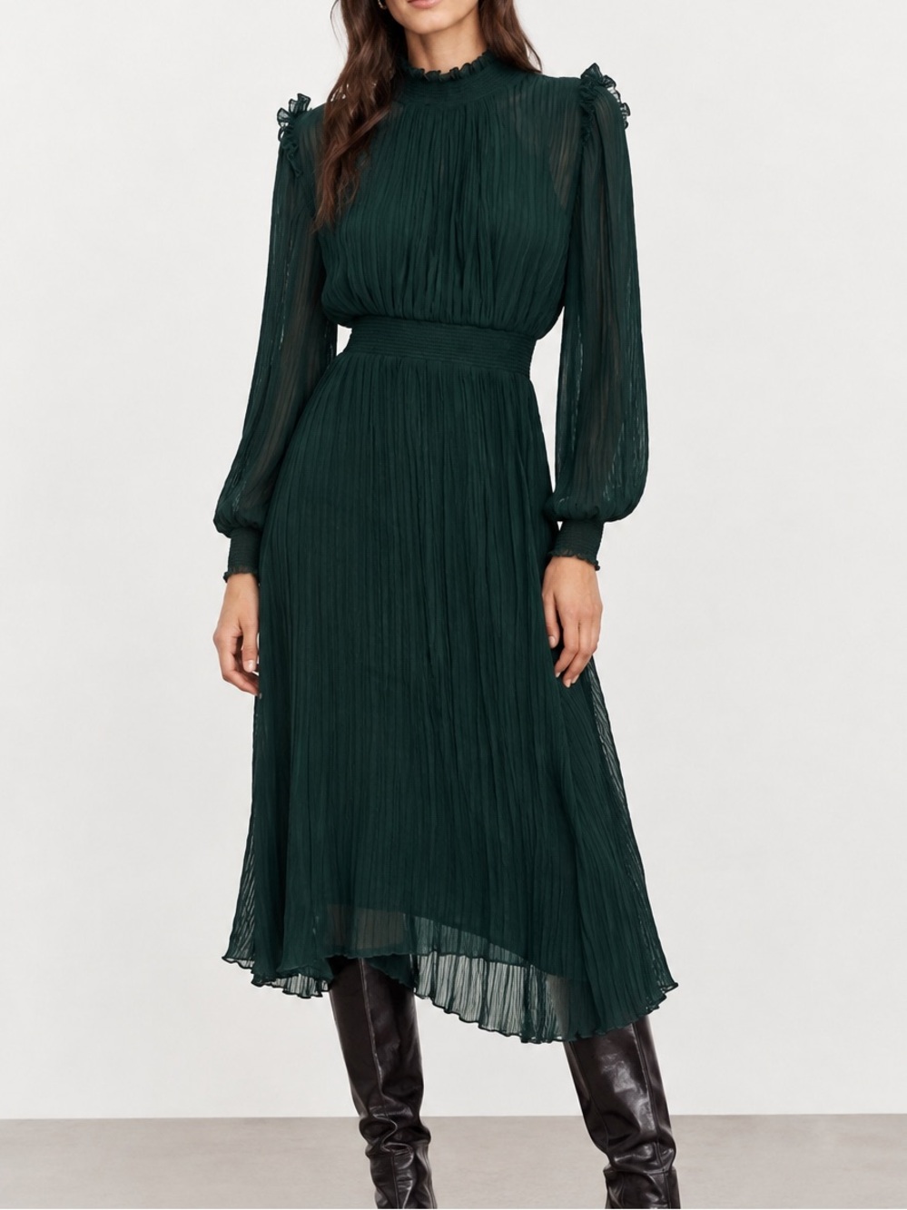 Zara Dark Green Pleated Long-Sleeve Midi Dress Prairie Boho Emerald Green S